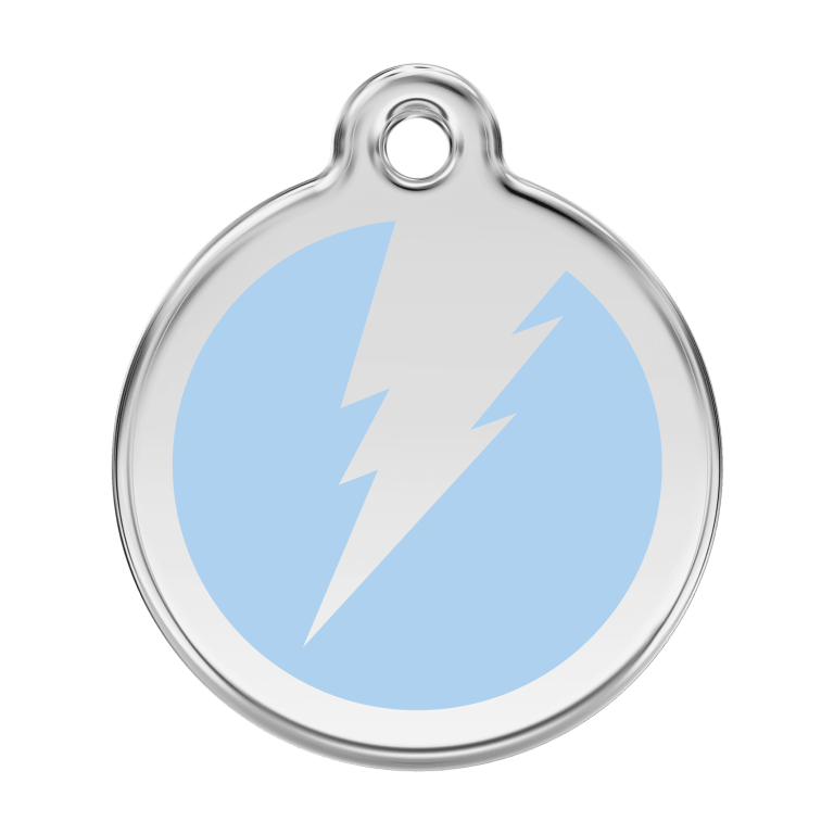 Vue avant - Médaille personnalisable pour chien Red Dingo Émail et acier inoxydable - Motif éclair - Bleu clair - Größe L