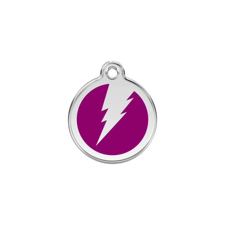 Vue avant - Médaille personnalisée pour chien/chat Red Dingo Émail et acier inoxydable - Motif éclair violet - Größe S - Référence : 01-ZF-PU-SM