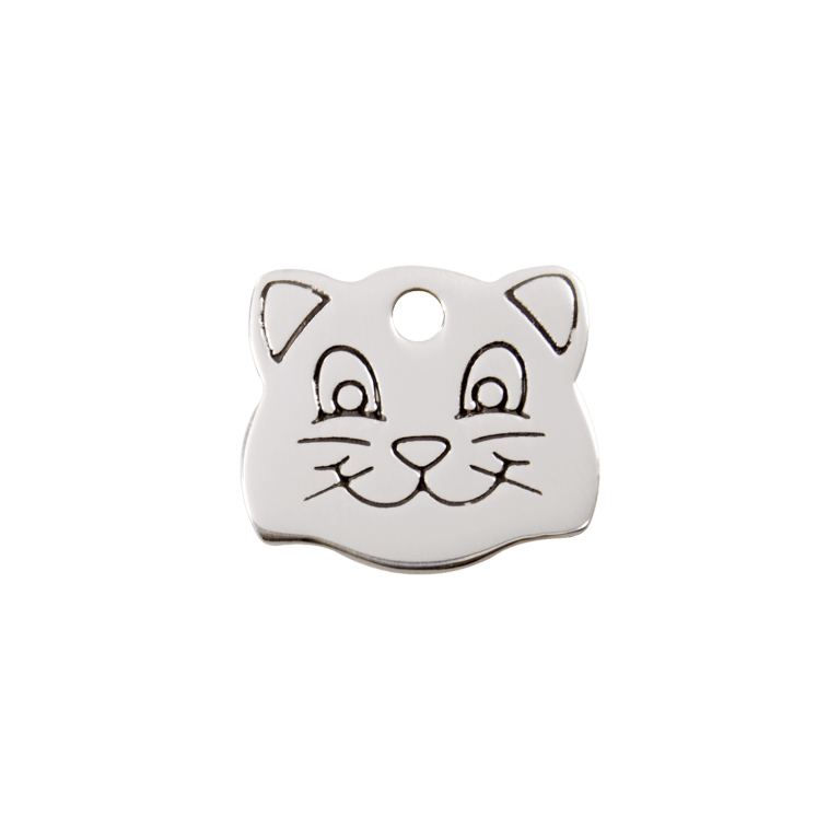 Vue avant - Médaille personnalisée pour chat Red Dingo - Plat en acier inoxydable - Tête de chat - Größe S
