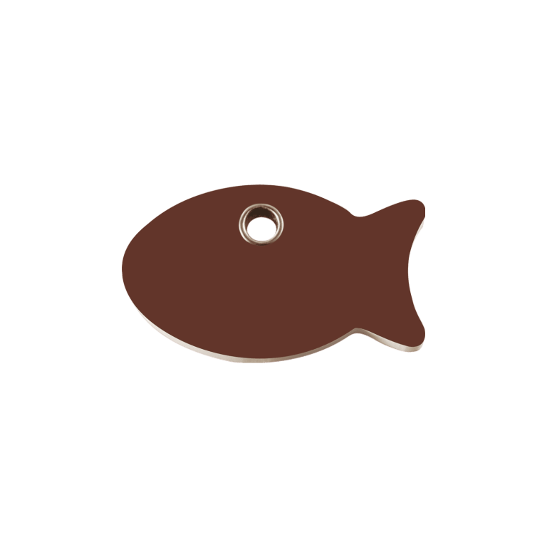 Vue avant - Médaille personnalisée pour chat Red Dingo Plastique plat Poisson Brun - Größe S