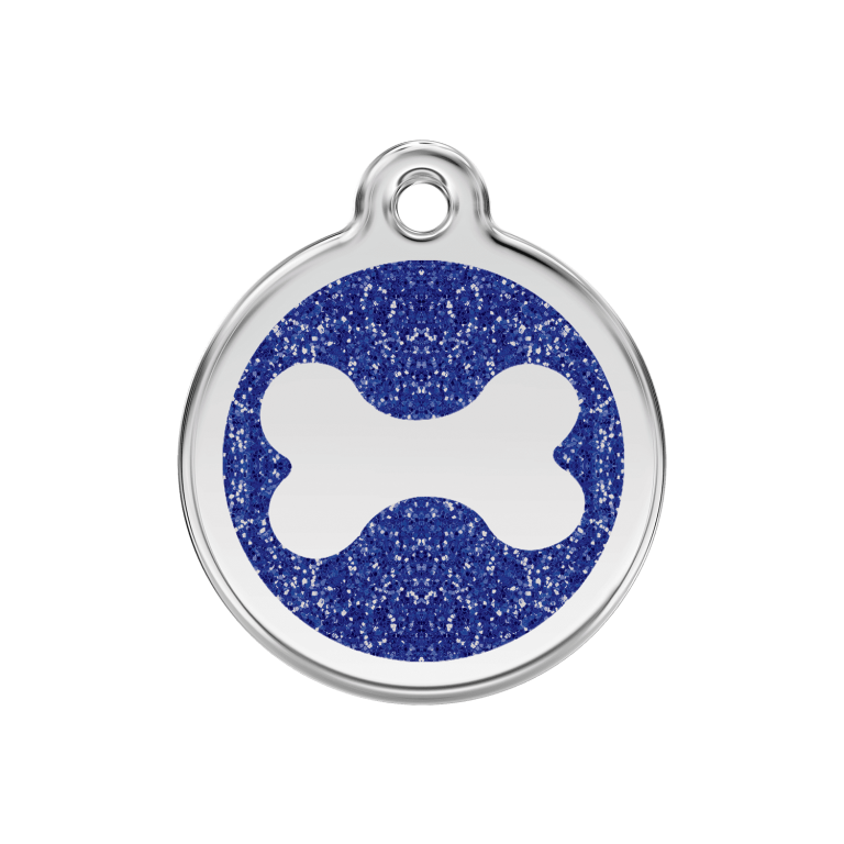 Vue avant - Médaille personnalisable pour chien ou chat - Red Dingo - Émail pailleté - Os scintillant - Bleu foncé - Größe M