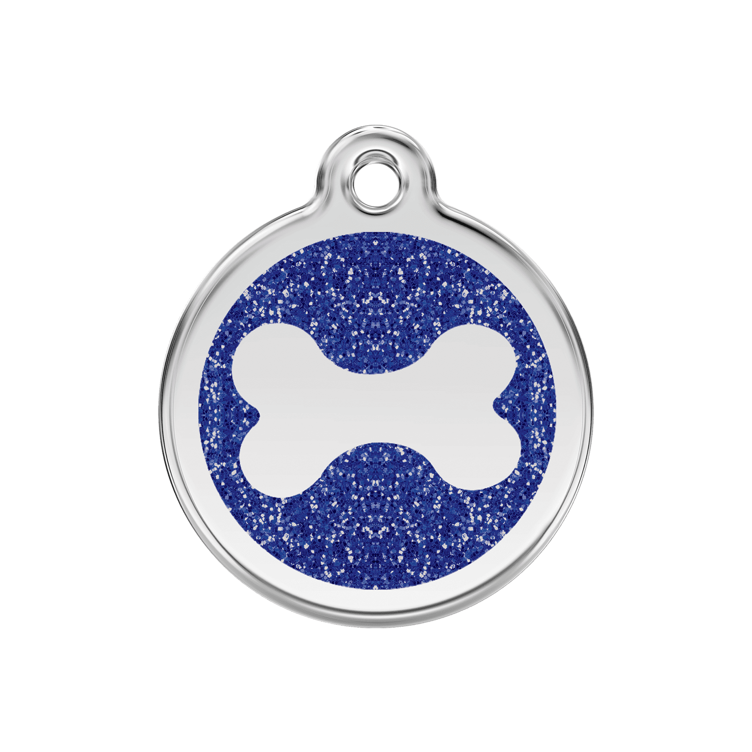 Vue avant - Médaille personnalisable pour chien ou chat - Red Dingo - Émail pailleté - Os scintillant - Bleu foncé - Größe M