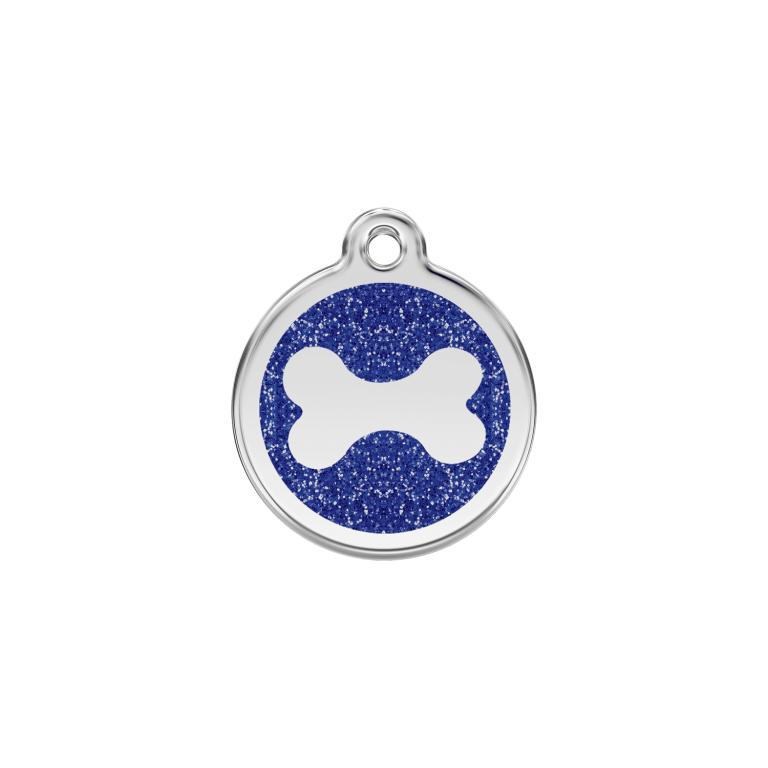 Vue avant - Médaille personnalisée pour chat ou chien - Red Dingo Émail pailleté Os scintillant Bleu foncé