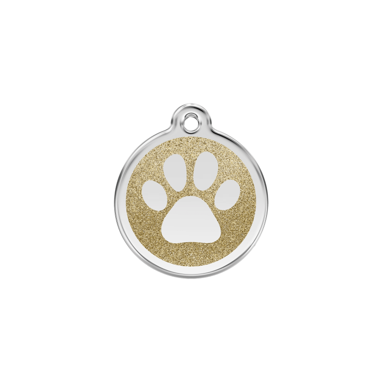 Vue avant - Médaille personnalisée pour chien/chat Red Dingo Émail pailleté Or - Empreinte de patte - Größe S