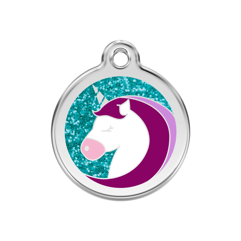Vue avant - Médaille personnalisée pour chien Red Dingo Émail pailleté Licorne Aqua 30mm - Envoi rapide et gratuit