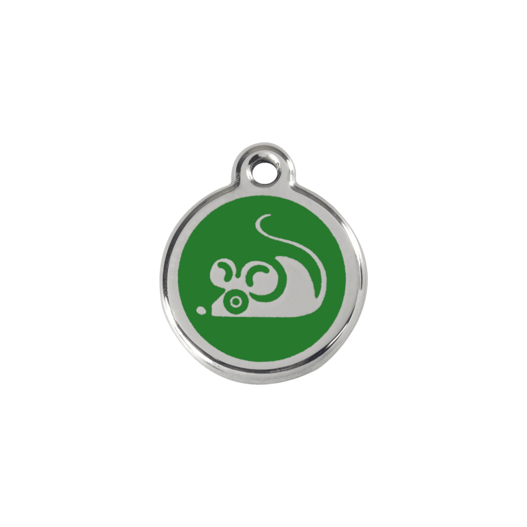 Vue avant - Médaille personnalisée pour chat en émail et acier inoxydable - Red Dingo - Motif souris vert - Größe S
