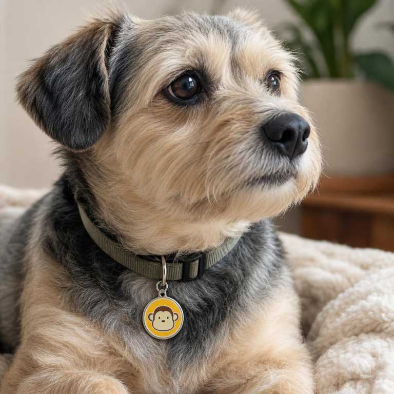 Médaille chien tiquette de singe Jaune Größe M portée par un animal, avec une échelle réaliste.